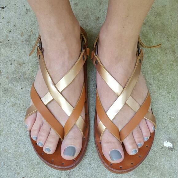 Beek Sparrow Flat Sandals Rose Gold Strappy Brown Leather Slip On Open Toe Sz 9‎ - Picture 1 of 12